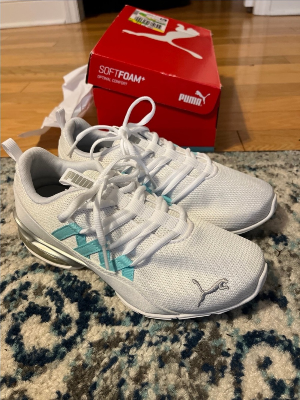 Puma White and Teal Women’s Running Sneakers